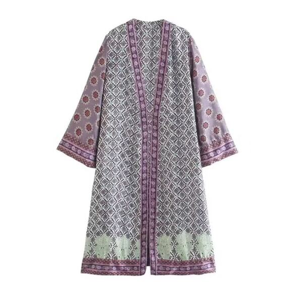 Zara Women’s Blogger Favorite Purple Printed Open Front Kimono Boho M/L - Picture 1 of 10